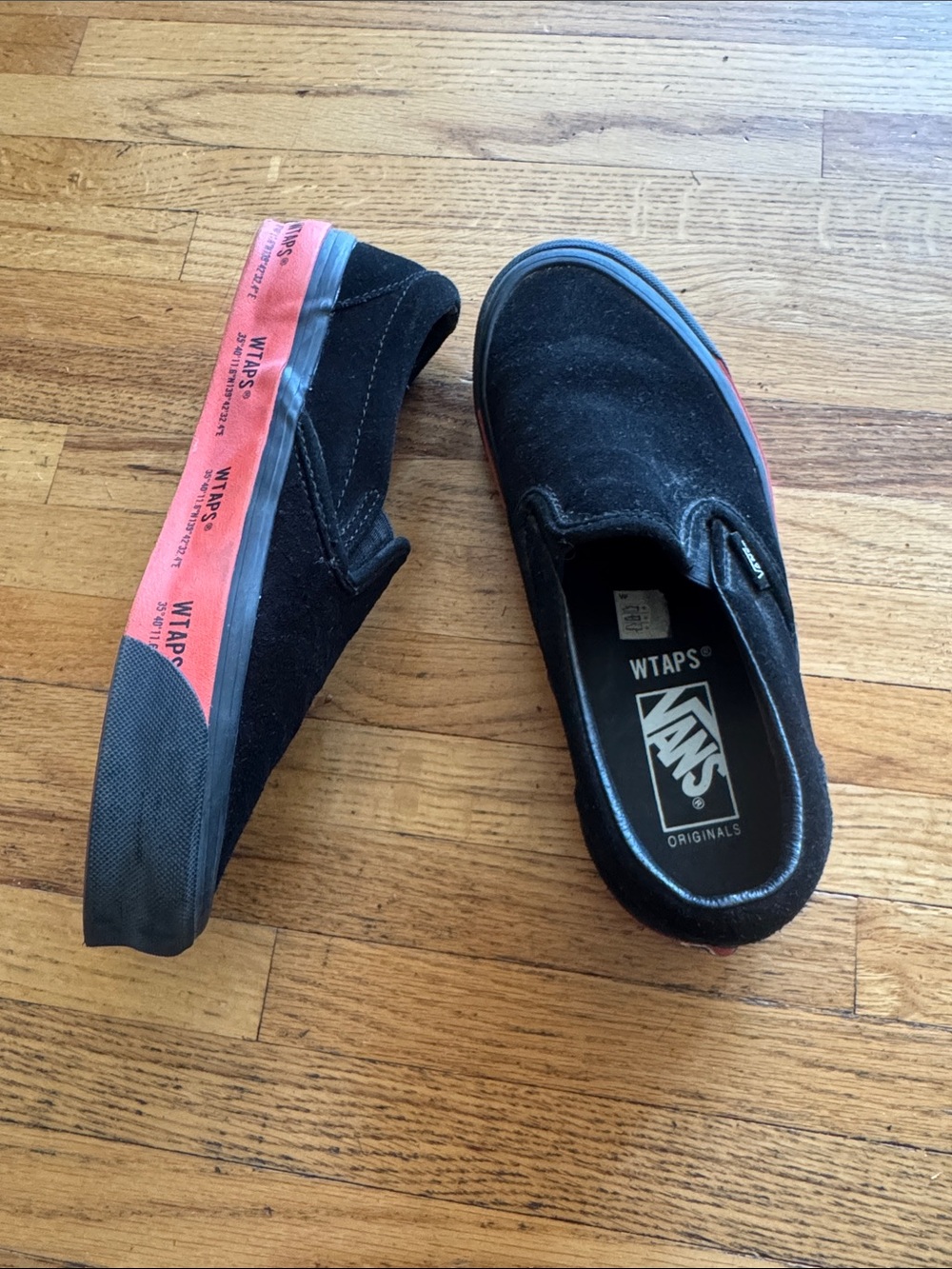 Vans x WTAPS Black Suede Slip-On with Red Midsole Accent size Men’s 7/Women’s 9